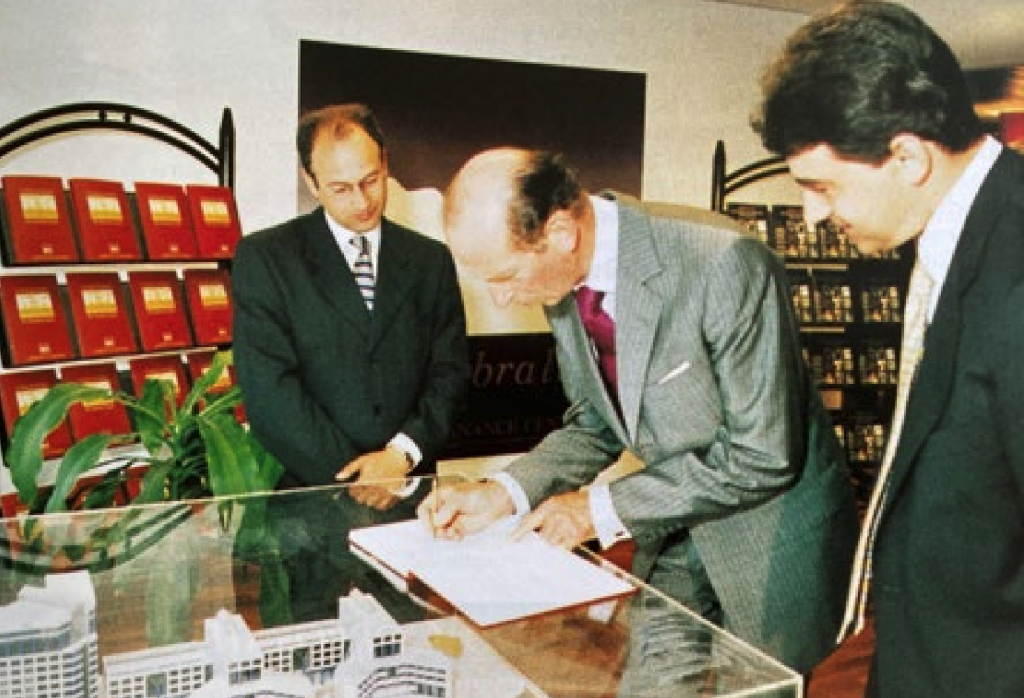 HRH the Duke of Kent opening the new premises of the Gibraltar Finance Centre in 1998, with Anthony Fisher, Finance Director, left and Peter Montegriffo, Minister for Trade & Industry, right